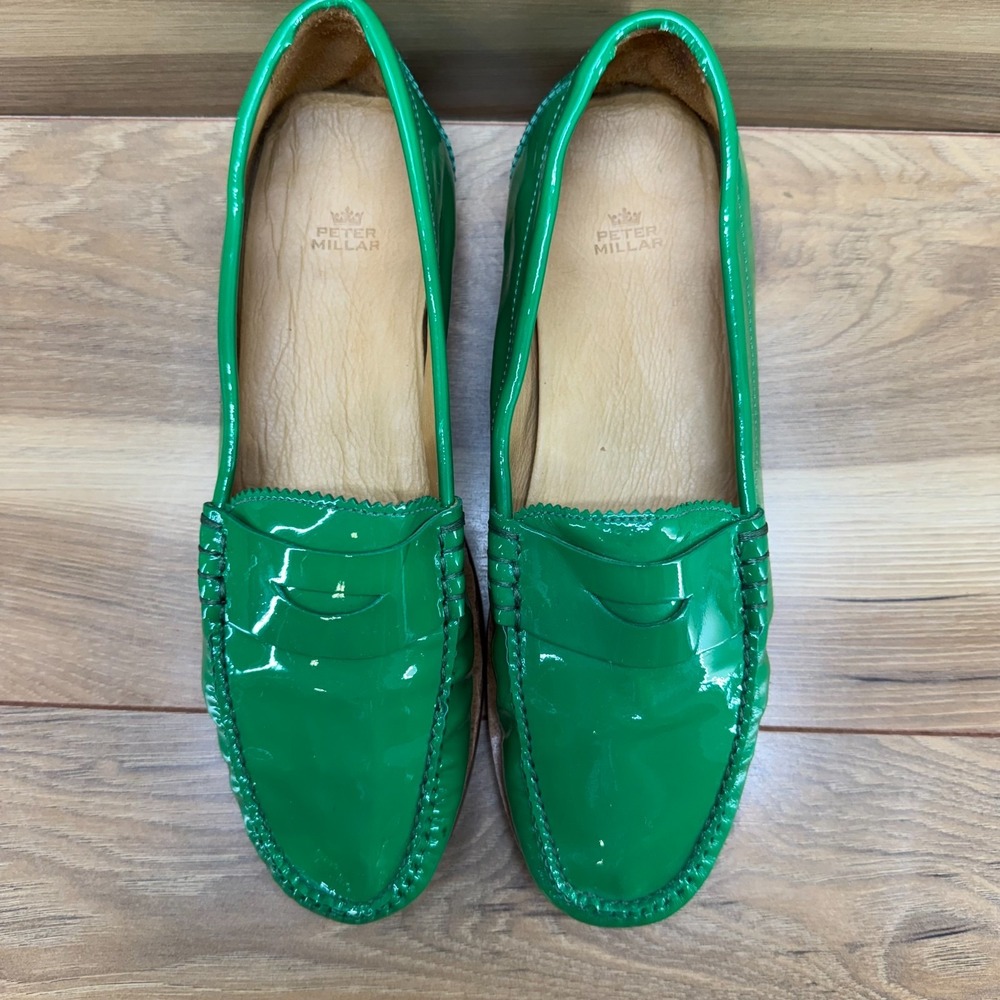 Peter Millar Penny Loafers Womens 8.5 M Green Patent Leather Casual Flats Modern
